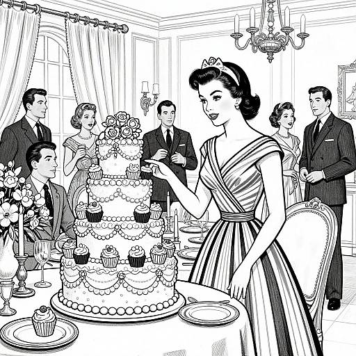 Black-and-white drawing of an elegant 1950s wedding reception with men in suits and women in formal dresses, serving and admiring multi-tiered