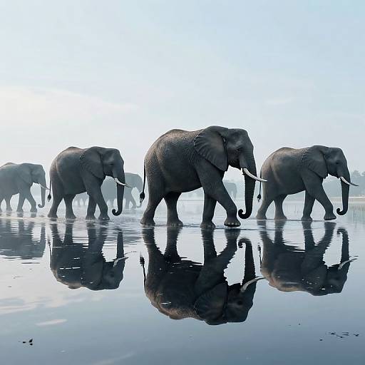 Photograph of five silhouetted elephants walking in a misty, reflective water landscape, their reflections mirrored on the surface.