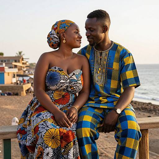 Photograph of a smiling African couple sitting on a beach railing; woman in colorful floral dress, man in blue and yellow checkered outfit, both facing