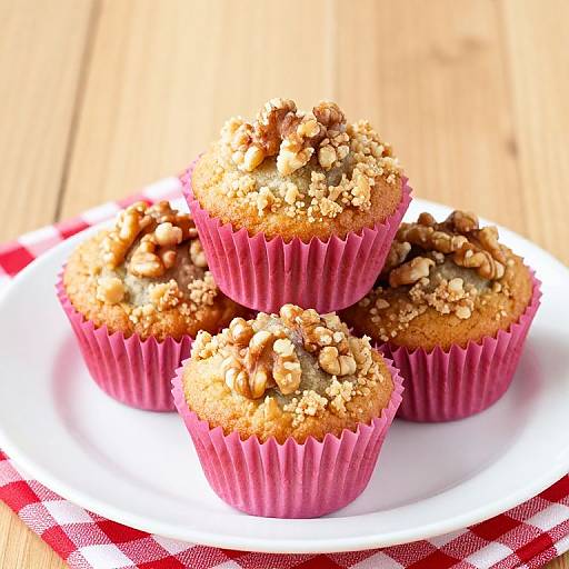 Photograph of four walnut-studded muffins in pink wrappers, stacked on a white plate, set on a red and white checkered cloth, against