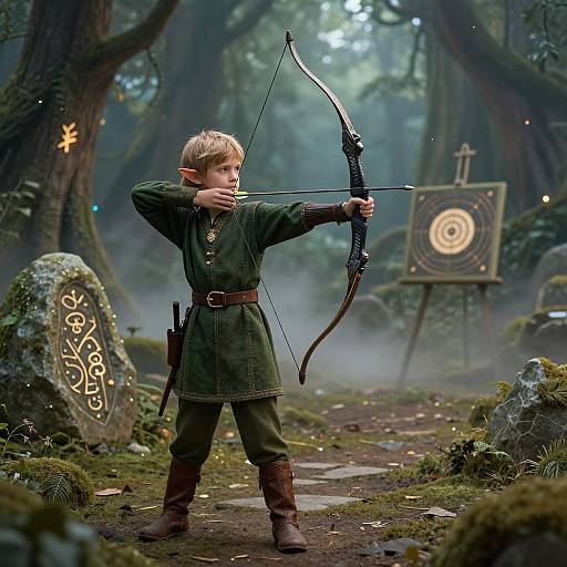 Photorealistic CGI: Blonde elf child in green tunic and brown boots, standing in misty forest, drawing bow at glowing target.
