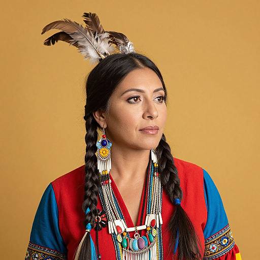 Photograph of a Native American woman with dark hair in braids, red and blue traditional attire, feathered headdress, and colorful jewelry, against