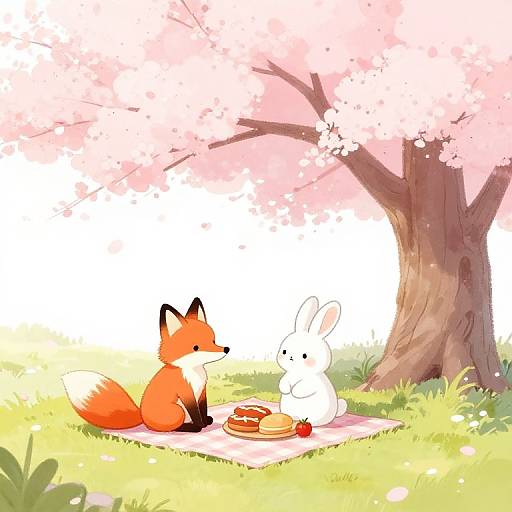 Cartoon fox and white rabbit sit on a picnic blanket under pink cherry blossom tree, with a plate of pancakes and strawberry.