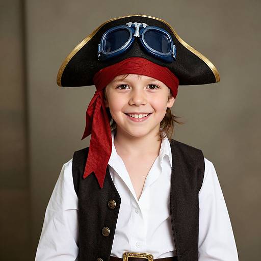Photograph of a smiling young boy dressed as a pirate, wearing a black tricorn hat with goggles, red headband, white shirt, and black