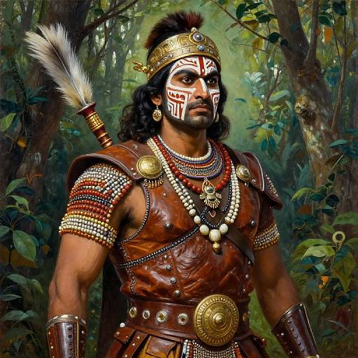 Photorealistic digital painting of a muscular Native American warrior with dark skin, white face paint, and tribal armor in a lush forest.