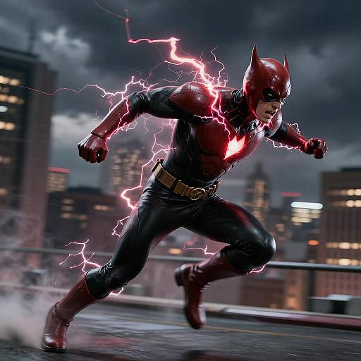 Digital art of electrified Batman in dynamic pose, black suit, red chest emblem, cityscape background, stormy sky, and city lights.