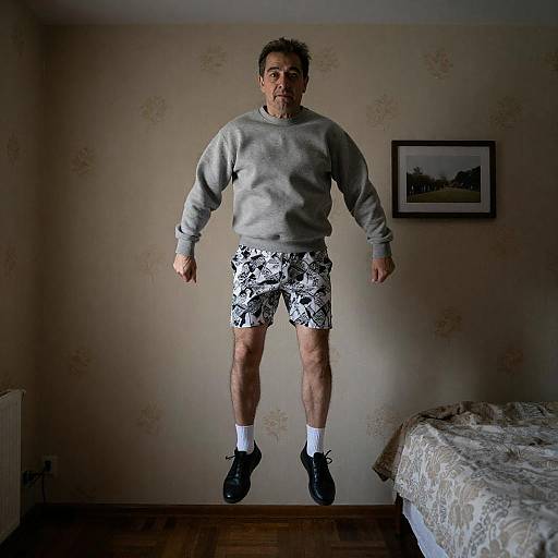 Middle-Aged Man Jumping in Dim Room