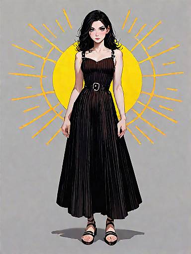 Woman in Black Midi Dress with Yellow Sun Background