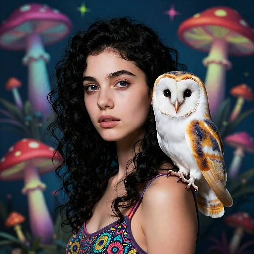Neon Psychedelic Girl with Barn Owl