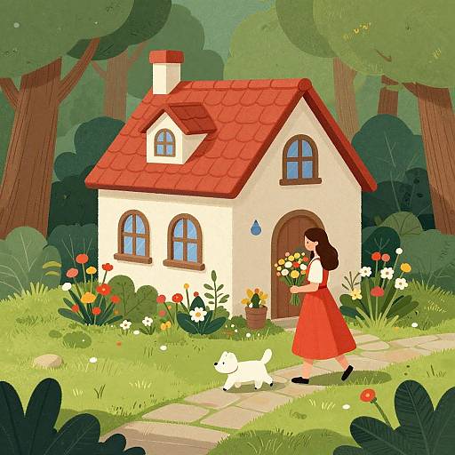Digital illustration of a little girl in a red dress and black shoes, holding a flower basket, walking a white dog past a quaint cottage with a red