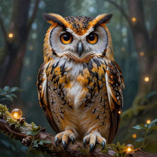 Photorealistic digital artwork of a vividly colored owl with large orange eyes, perched on a moss-covered branch in a dark, enchanted forest lit
