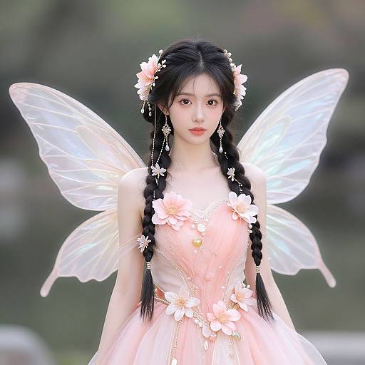 Digital illustration of an East Asian fairy with black braided hair, pink flower-adorned dress, and translucent white wings, set against a blurred green