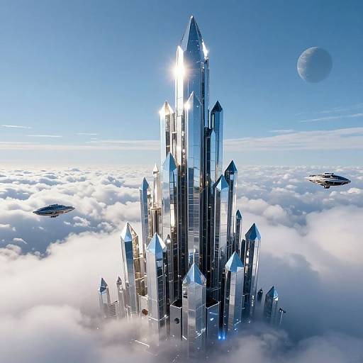 CGI image of a futuristic, towering, crystalline skyscraper piercing through clouds, surrounded by space with a planet and two space stations. Bright,