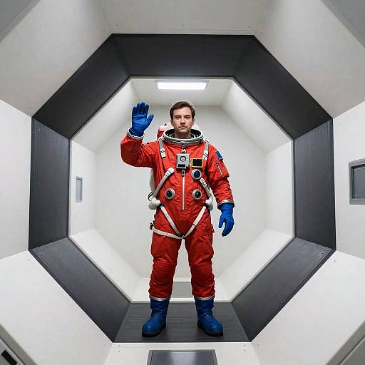 Man in Red Spacesuit in Hexagonal Module