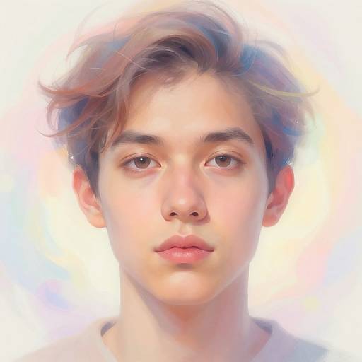 Digital portrait of a young, androgynous person with light skin, brown eyes, and tousled brown hair against a bright, white background.