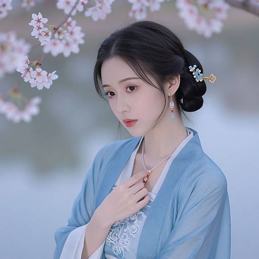 Photograph of an East Asian woman with fair skin and black hair in an updo, wearing a blue kimono and floral earrings, standing under blo