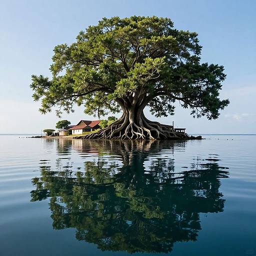 Serene Island Village with Colossal Tree