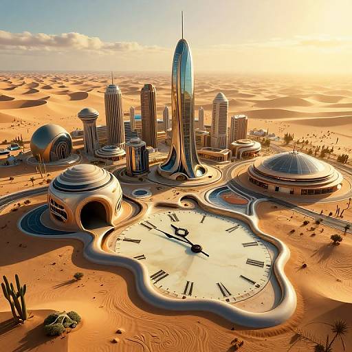 Digital artwork of a futuristic desert cityscape with sleek skyscrapers, domed buildings, a massive clock in the sand, and a golden sunset.