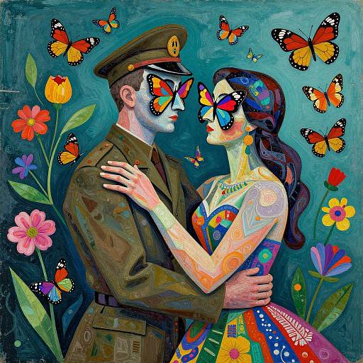 Vibrant digital painting of a soldier in uniform, kissing a tattooed woman in colorful dress, surrounded by butterflies and flowers.