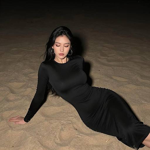 Woman in Black Dress on Sandy Beach at Night