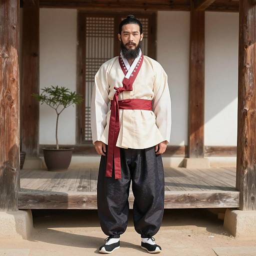 Man in Traditional Korean Hanbok Standing on Porch