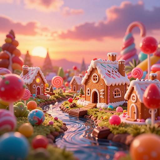 Whimsical CGI scene: colorful candy houses with snow-like frosting, lollipop trees, and gumdrop bushes by a winding candy-water stream at sunset