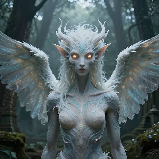 Digital art of a ethereal, white-skinned, winged female elf with glowing orange eyes, intricate blue patterns, and flowing silver hair in a