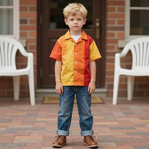 Young Boy in Colorful Shirt Standing Outside
