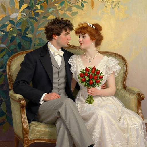 Vintage-style painting of a curly-haired groom in a black suit and gray vest, and a bride in a white lace dress, holding a red rose bouquet