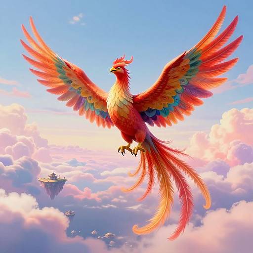 Digital artwork of a vibrant, red and orange phoenix with outstretched wings soaring through a bright, cloudy sky, with floating islands below.