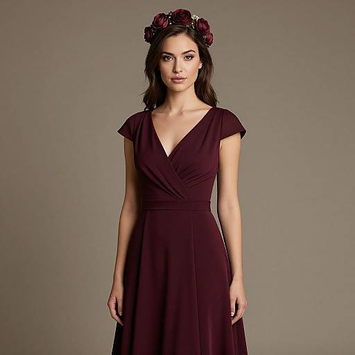 Photograph of a young woman with dark hair wearing a deep maroon, V-neck dress and a floral crown, standing against a plain gray background.