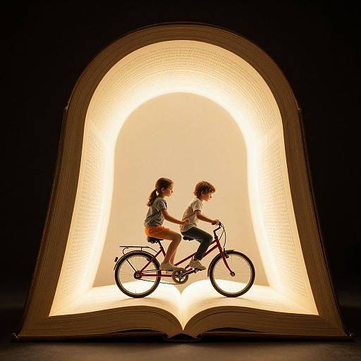 Photograph of two children silhouetted against a glowing, arch-shaped book opening, riding a red bicycle, with dark background.