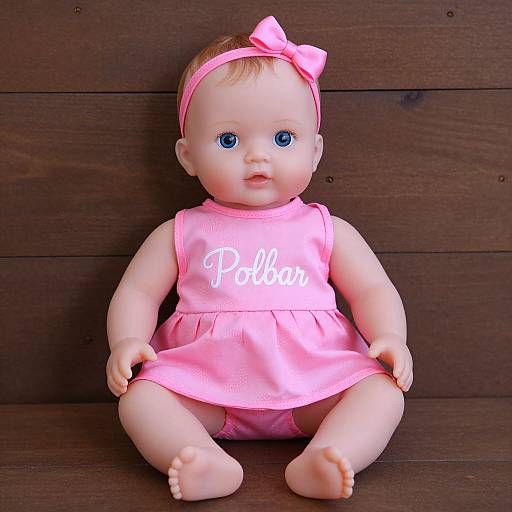Photograph of a blonde baby doll with blue eyes, wearing a pink dress with 