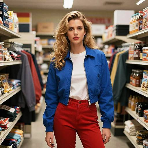 Woman in Blue Jacket and Red Pants