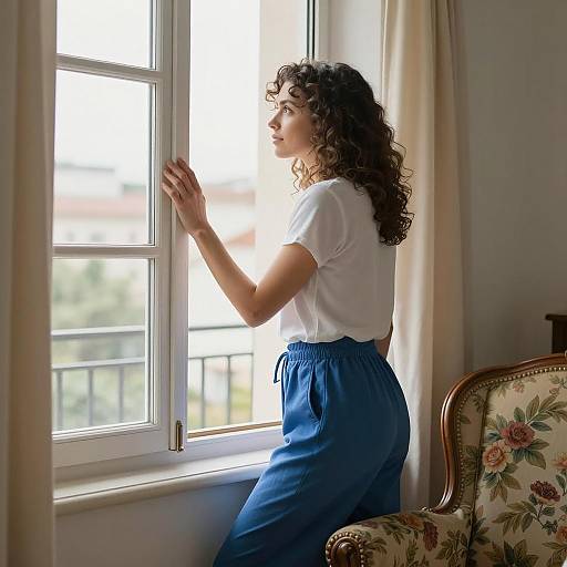 Casual Woman Gazing Outdoors by Window