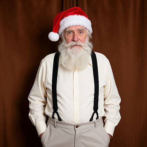 Photograph of an elderly white man with a white beard, wearing a red Santa hat, white shirt, black suspenders, and gray pants, standing