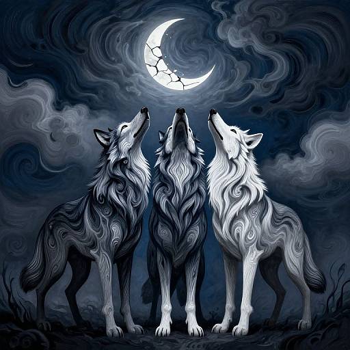 Digital artwork of three wolves with swirling, tribal patterns, howling at a cracked, crescent moon in a dark, cloudy night sky.