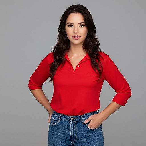 Photograph of a woman with long black hair, wearing a red polo shirt and blue jeans, standing against a plain gray background, hands in pockets,