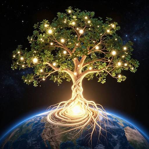 Digital artwork of a glowing tree with bright lights, roots entwining Earth, against a starry space background. Cosmic and vibrant.