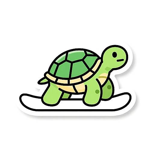 Cute, cartoon-style green turtle with black-lined, geometric shell, riding a white snowboard, set against a plain white background. Digital illustration.
