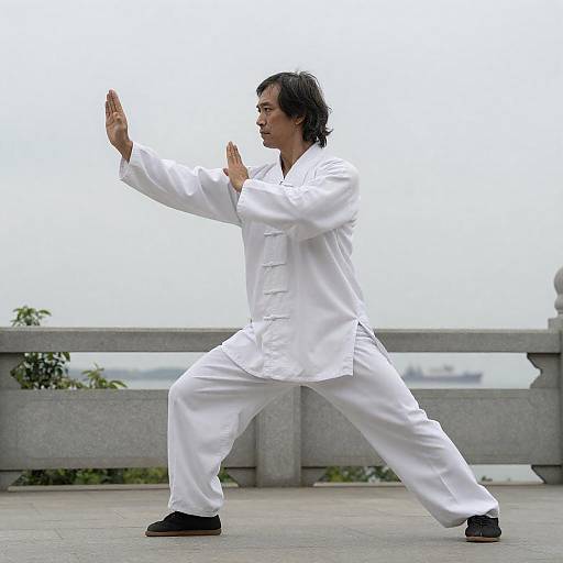 Asian Martial Artist on Stone Balcony