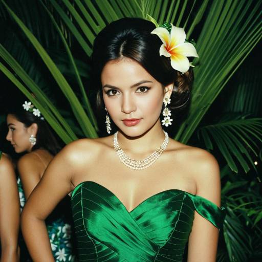 Woman in Green Dress with Tropical Flower Hair Accessory
