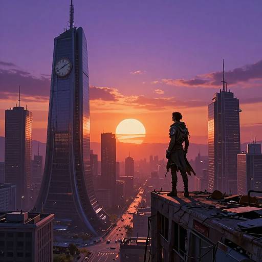 Silhouetted figure in tactical gear stands on rooftop at sunset, overlooking futuristic cityscape with towering buildings and vibrant orange-purple sky. Digital art.