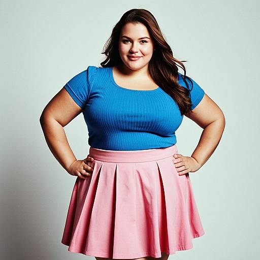 Photograph of a smiling, plus-size woman with long brown hair, wearing a blue ribbed top and pink pleated skirt, standing against a plain