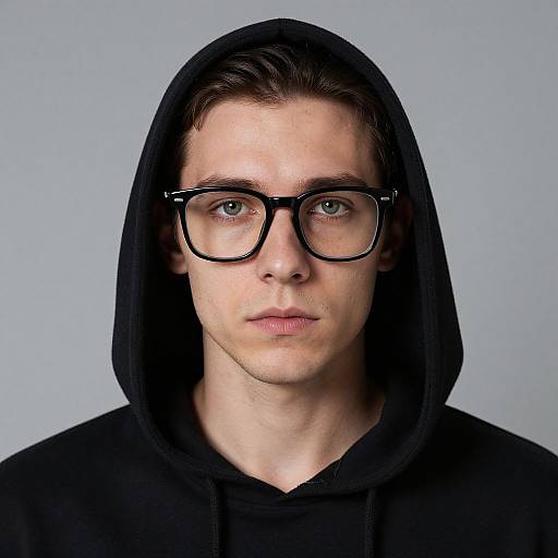 Photograph of a young Caucasian man with light skin, blue eyes, and brown hair, wearing black glasses and a black hooded sweatshirt, against