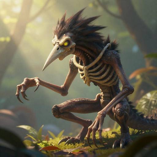 Crouching Skeletal Creature in Sunlit Foliage