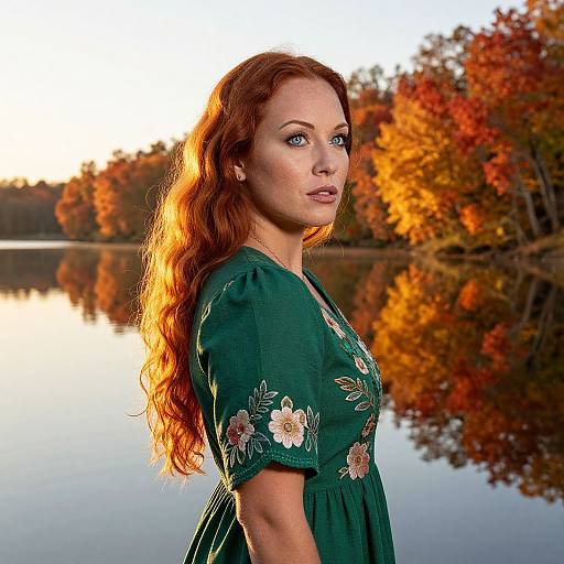 Photograph of a red-haired woman with fair skin, wearing a green floral dress, standing by a serene lake with autumn-colored trees reflected in the water