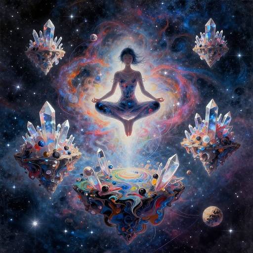 Digital art: Silhouetted meditating figure with glowing aura, surrounded by floating crystal clusters, in a cosmic, star-filled background.