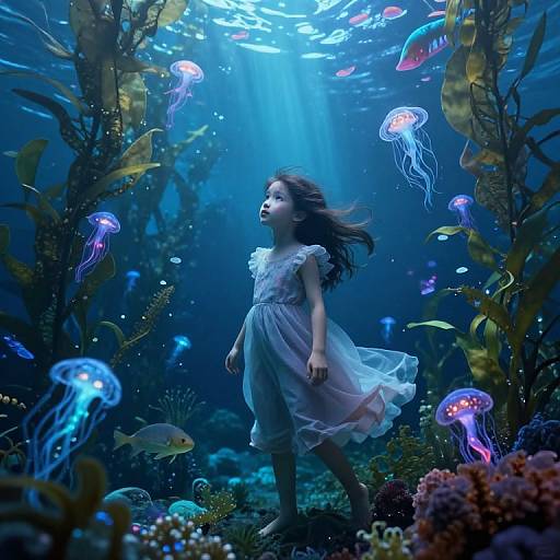 Photograph of a young girl in a flowing white dress, floating underwater among colorful jellyfish and vibrant marine plants, with sunlight filtering from above.