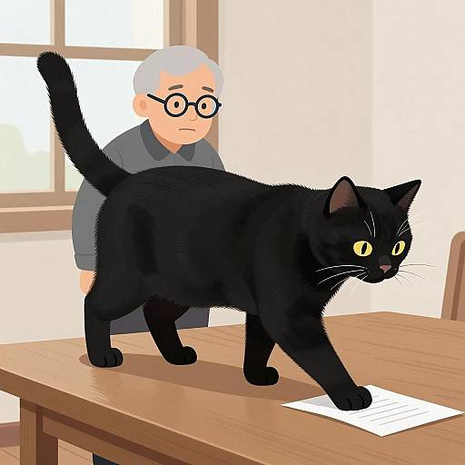 Black Cat on Table with Older Man